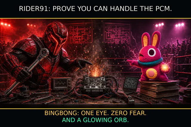 Red armored Rider91 and pink BingBong bunny face off over a sparking powertrain control module in a boxing ring.
