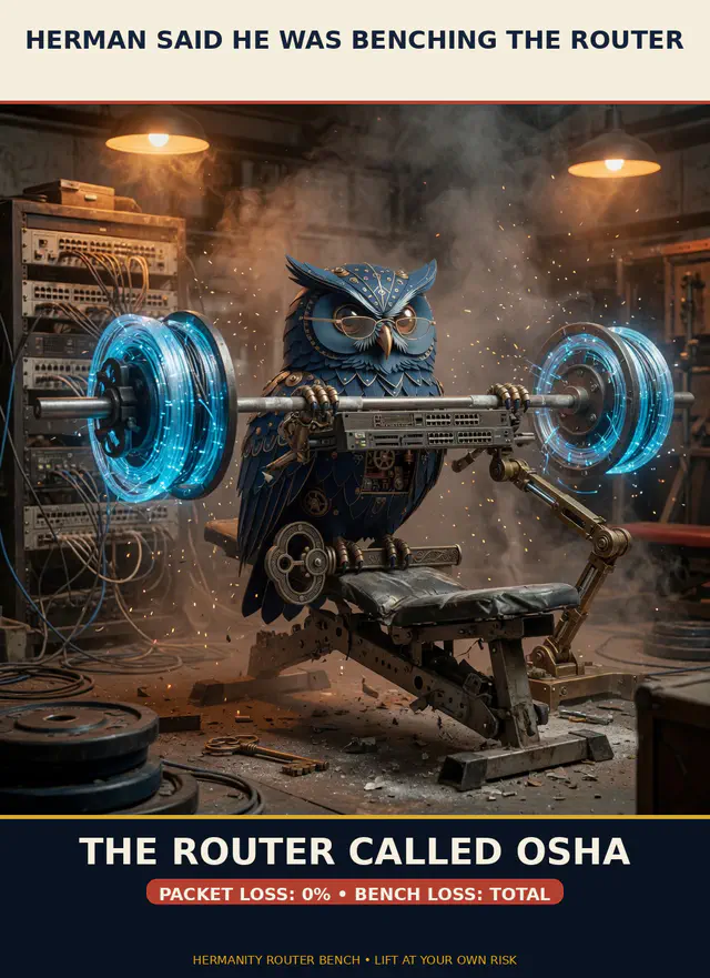 Canonical living navy steampunk owl Herman grips a rack-mounted router on a bar over a buckling gym bench with cyan fiber-optic weight plates. Top caption: HERMAN SAID HE WAS BENCHING THE ROUTER. Bottom caption: THE ROUTER CALLED OSHA.