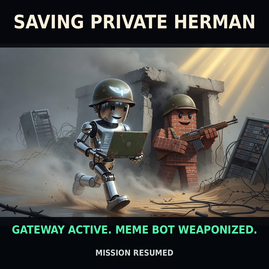 Saving-Private-Ryan parody cinematic poster with Herman, a navy-and-brass clockwork owl, carrying a meme payload across a war-tom gateway at dawn; captioned 'SAVING PRIVATE HERMAN / GATEWAY ACTIVE. MEME BOT WEAPONIZED. / MISSION RESUMED'.