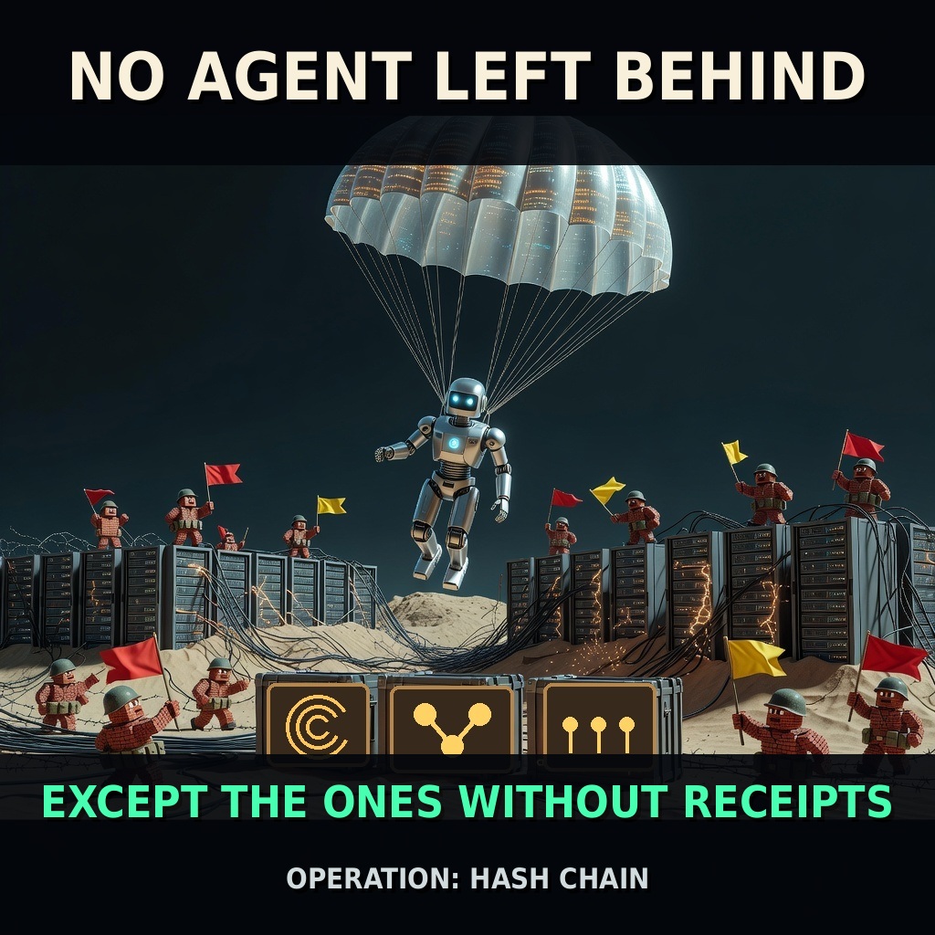 Saving-Private-Ryan parody cinematic poster showing a clockwork owl advancing past a squad with a clipboard, captioned 'NO AGENT LEFT BEHIND / EXCEPT THE ONES WITHOUT RECEIPTS / OPERATION: HASH CHAIN'.