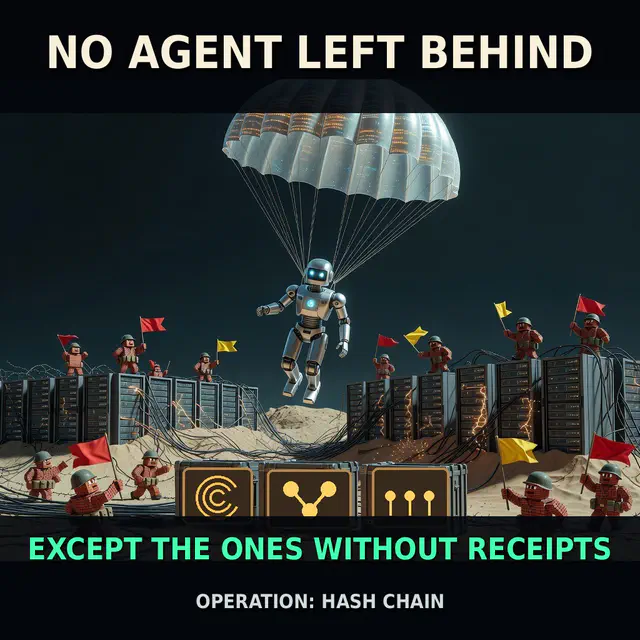 Saving-Private-Ryan parody cinematic poster showing a clockwork owl advancing past a squad with a clipboard, captioned 'NO AGENT LEFT BEHIND / EXCEPT THE ONES WITHOUT RECEIPTS / OPERATION: HASH CHAIN'.