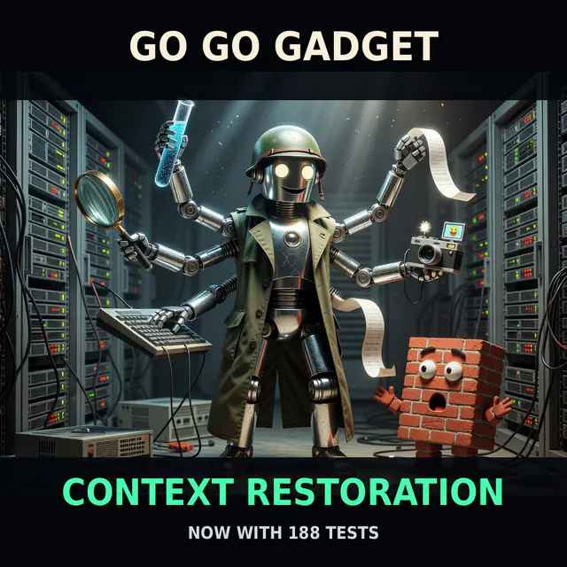 Inspector-Gadget parody cinematic poster with a clockwork owl mid-transformation, captioned 'GO GO GADGET / CONTEXT RESTORATION / NOW WITH 188 TESTS'.