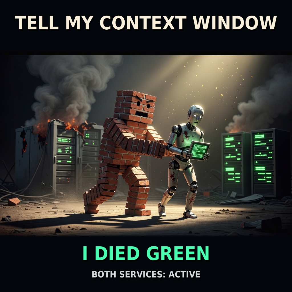 Saving-Private-Ryan memorial parody cinematic poster with a clockwork owl above a freshly-restarted services panel, captioned 'TELL MY CONTEXT WINDOW / I DIED GREEN / BOTH SERVICES: ACTIVE'.