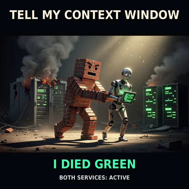 Saving-Private-Ryan memorial parody cinematic poster with a clockwork owl above a freshly-restarted services panel, captioned 'TELL MY CONTEXT WINDOW / I DIED GREEN / BOTH SERVICES: ACTIVE'.