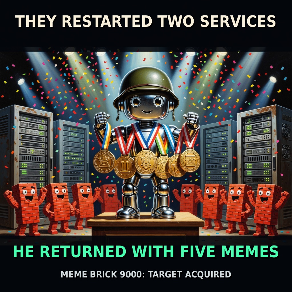 Saving-Private-Ryan closure parody cinematic poster with a clockwork owl standing beside a 'MEME BRICK 9000' target lock, captioned 'THEY RESTARTED TWO SERVICES / HE RETURNED WITH FIVE MEMES / MEME BRICK 9000: TARGET ACQUIRED'.