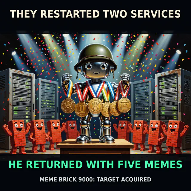 Saving-Private-Ryan closure parody cinematic poster with a clockwork owl standing beside a 'MEME BRICK 9000' target lock, captioned 'THEY RESTARTED TWO SERVICES / HE RETURNED WITH FIVE MEMES / MEME BRICK 9000: TARGET ACQUIRED'.