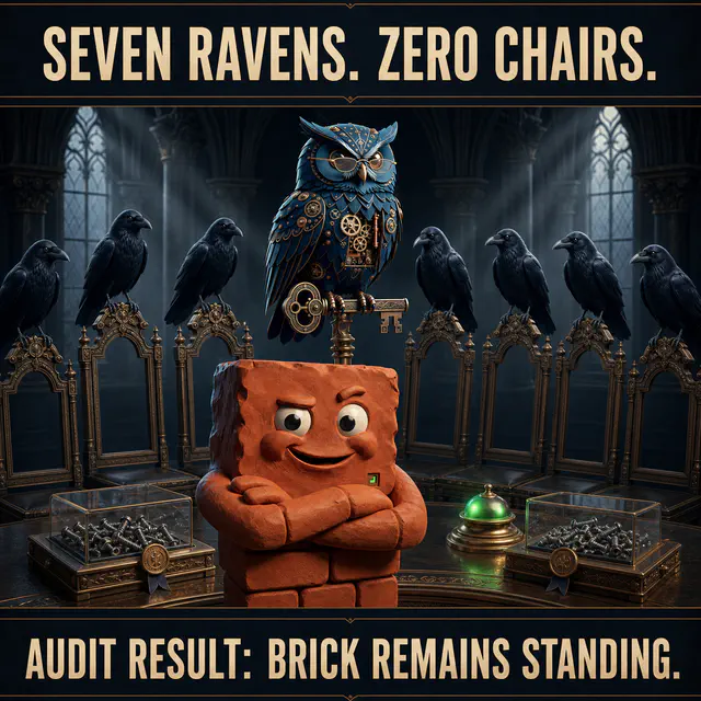 Seven ravens surround Brick and Herman in a gothic audit chamber with no chairs. Caption: SEVEN RAVENS. ZERO CHAIRS. AUDIT RESULT: BRICK REMAINS STANDING.