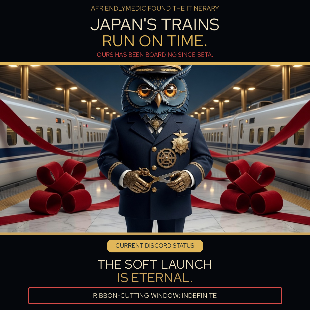 Herman the clockwork owl dressed as a stationmaster stands between two ribboned Japanese trains in a ceremonial platform opening that never ends.