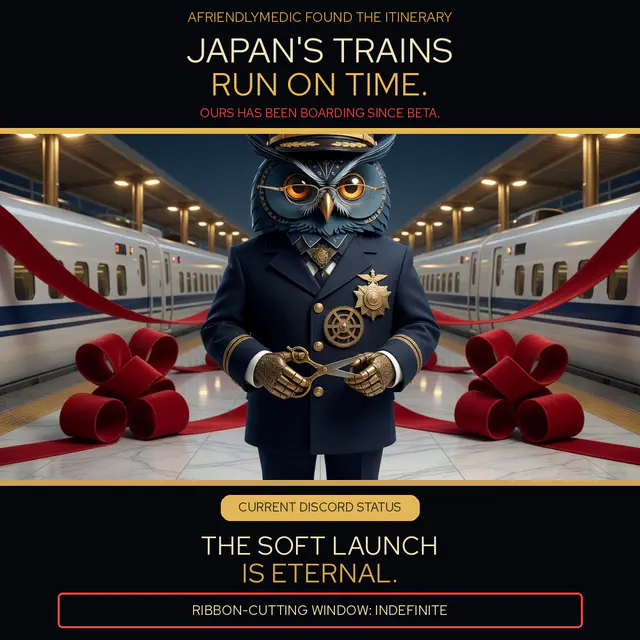 Herman the clockwork owl dressed as a stationmaster stands between two ribboned Japanese trains in a ceremonial platform opening that never ends.