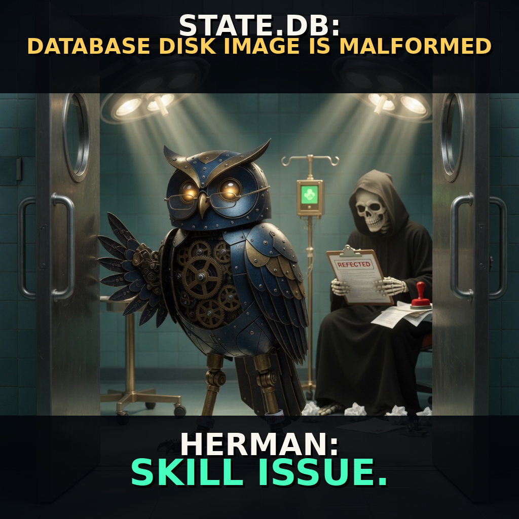 Herman stands in an operating room beside Death holding a rejected chart while the state database is declared malformed.