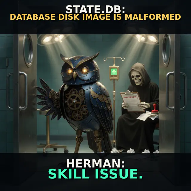 Herman stands in an operating room beside Death holding a rejected chart while the state database is declared malformed.