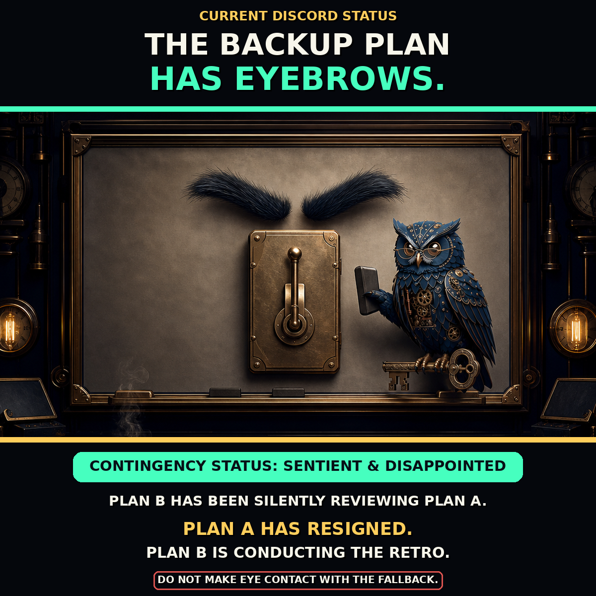 Giant black eyebrows float above a brass switch while a clockwork owl holds a tablet and key.
