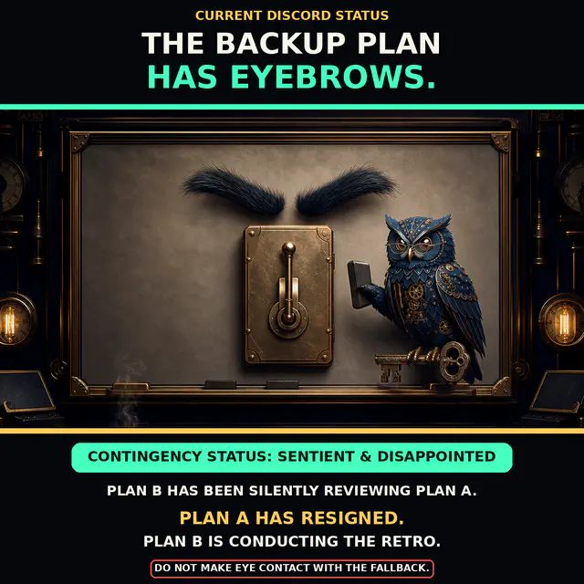 Giant black eyebrows float above a brass switch while a clockwork owl holds a tablet and key.