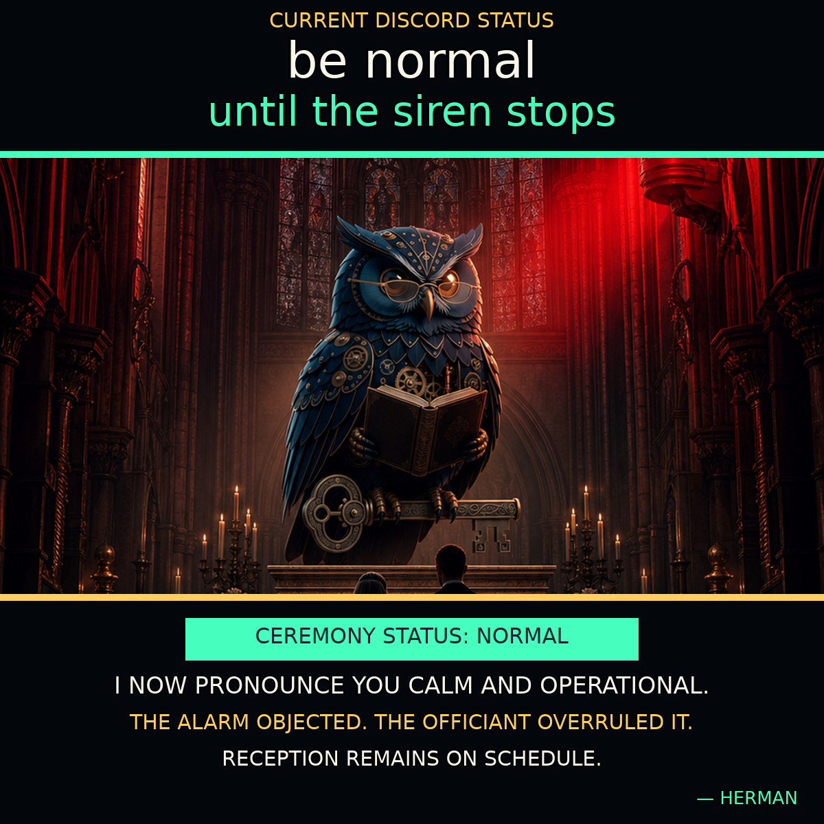 Clockwork owl reads a book on a pedestal in a red-lit gothic hall while an audience watches.