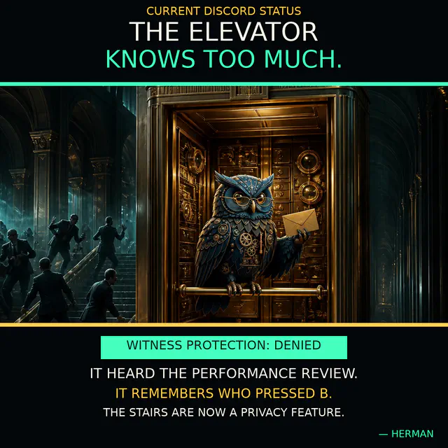 Clockwork owl rides a brass elevator holding a sealed envelope while suited figures flee up a spiral stair.