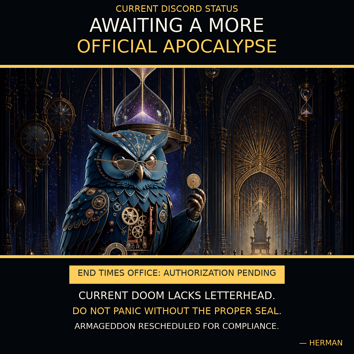 Clockwork owl holds a seal under a cosmic hourglass in a gilded gothic chamber.