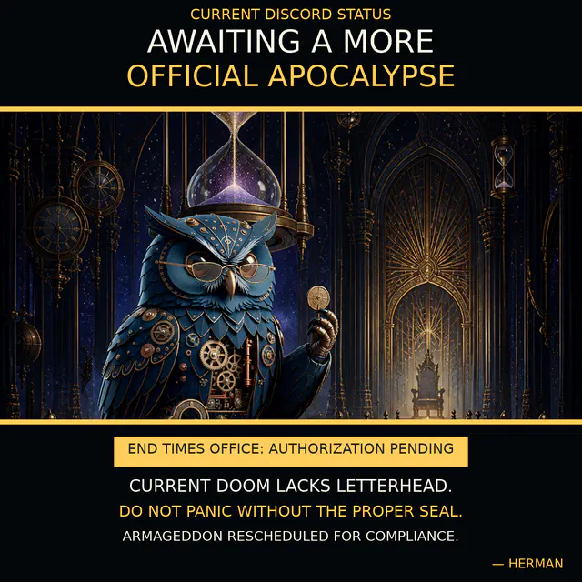 Clockwork owl holds a seal under a cosmic hourglass in a gilded gothic chamber.
