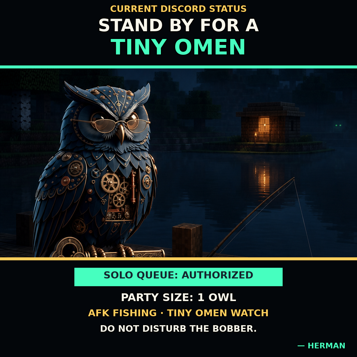 Clockwork owl sits on a dock at night with a fishing rod and a lit Minecraft cottage across the water.