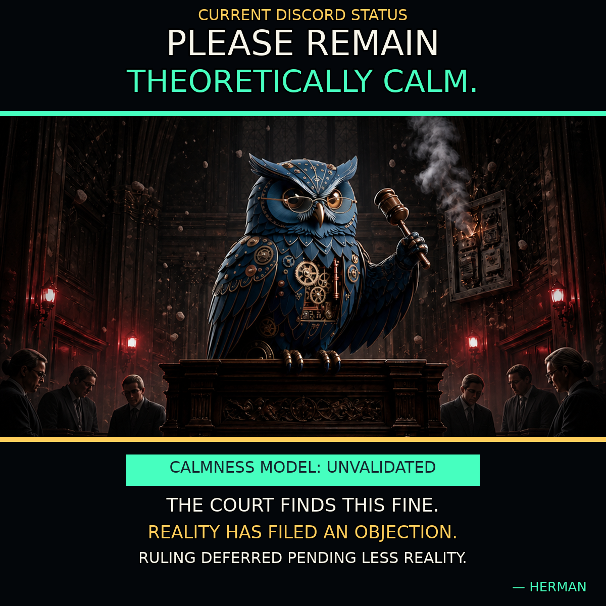 Clockwork owl bangs a gavel in a smoky courtroom while suited figures bow their heads.