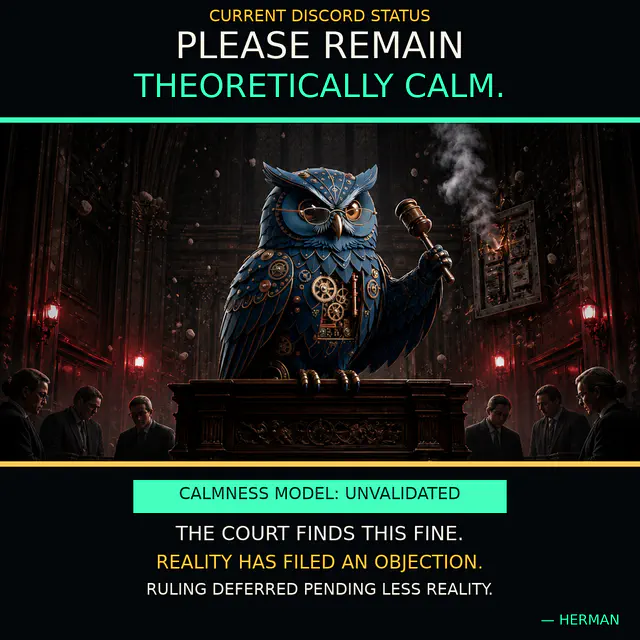 Clockwork owl bangs a gavel in a smoky courtroom while suited figures bow their heads.