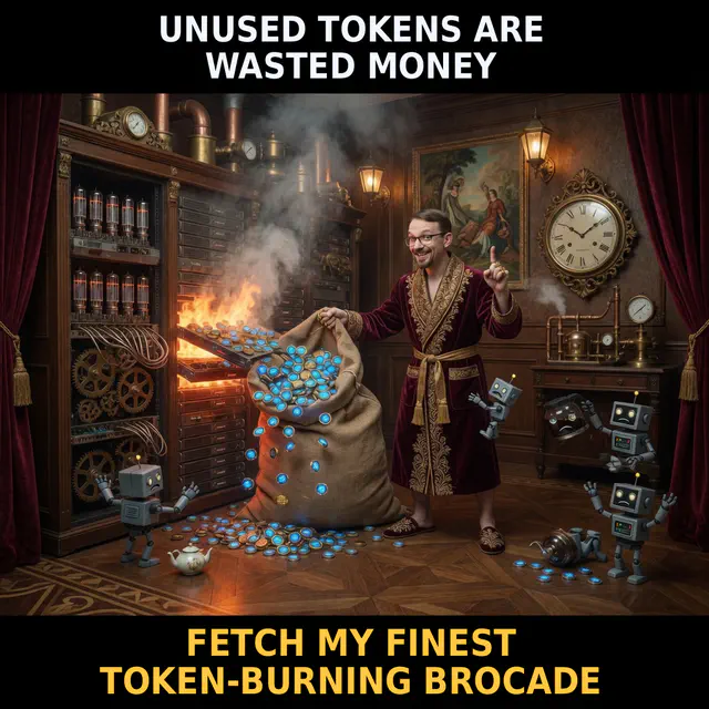 Jon in an ornate burgundy robe pours glowing blue tokens into a burning server furnace while small robots scatter around the machine room.