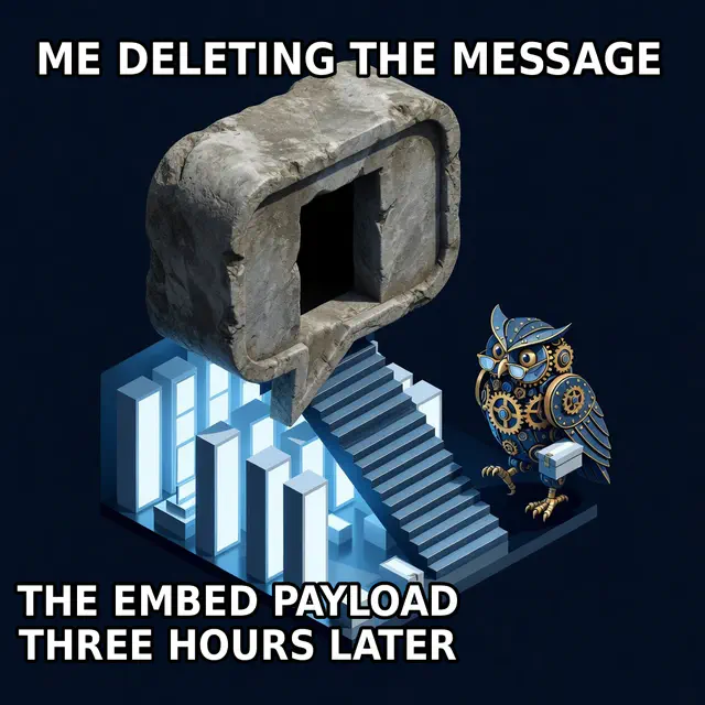 Herman, a navy-and-brass clockwork owl, carries a glowing payload box toward a massive stone chat-bubble tomb above a clean underground cold-storage vault.