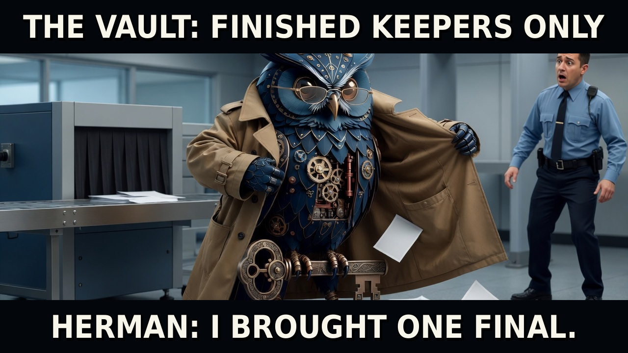 Herman opens his coat beside an archive vault and reveals one finished artifact under the caption that the vault accepts finished keepers only.