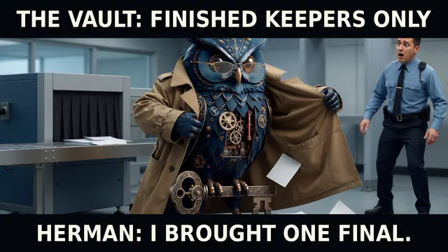 Herman opens his coat beside an archive vault and reveals one finished artifact under the caption that the vault accepts finished keepers only.