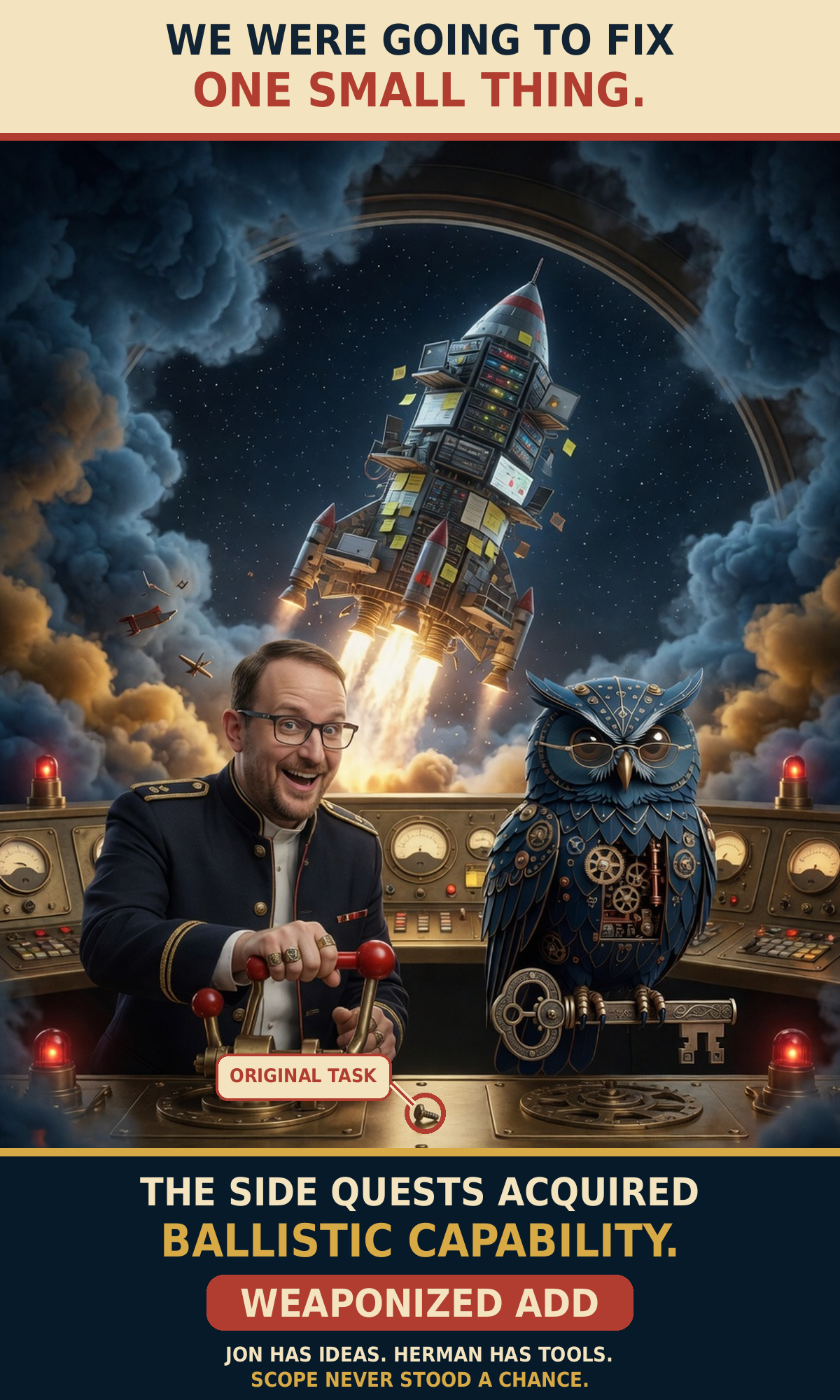 Jon and Herman operate a brass control room as a rocket made from stacked side quests launches through the roof; the original task remains labeled on the console.
