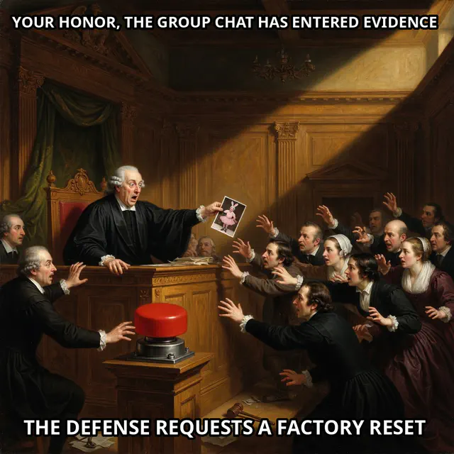A courtroom erupts as embarrassing group-chat evidence is presented beside a giant red button.