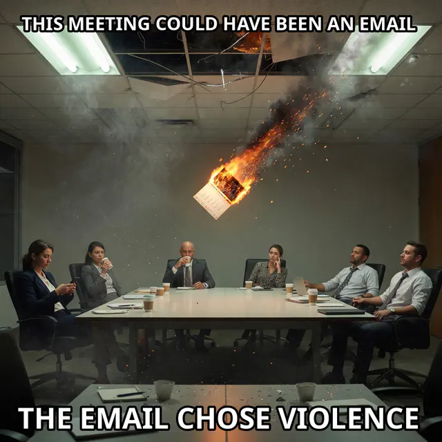 A flaming calendar invitation crashes through a boardroom ceiling while workers calmly drink coffee.