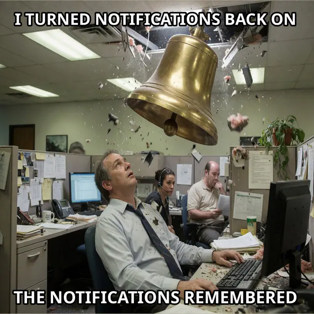 An enormous brass notification bell crashes through an office ceiling above an exhausted worker.