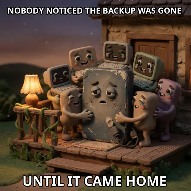 A battered backup drive returns home and is embraced by relieved claymation computers.