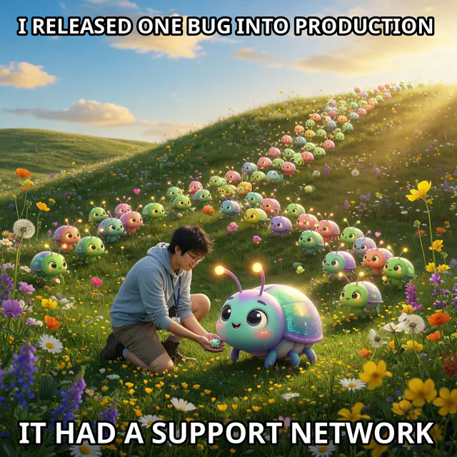 A developer releases one cute software bug into a sunny field followed by thousands of cheerful baby bugs.