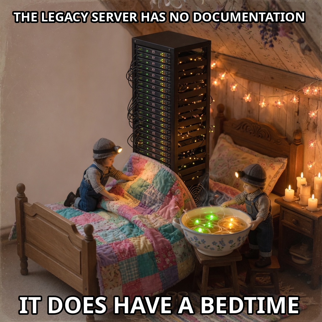 Tiny caretakers tuck a legacy server rack into a quilted bed and serve glowing status-light soup.